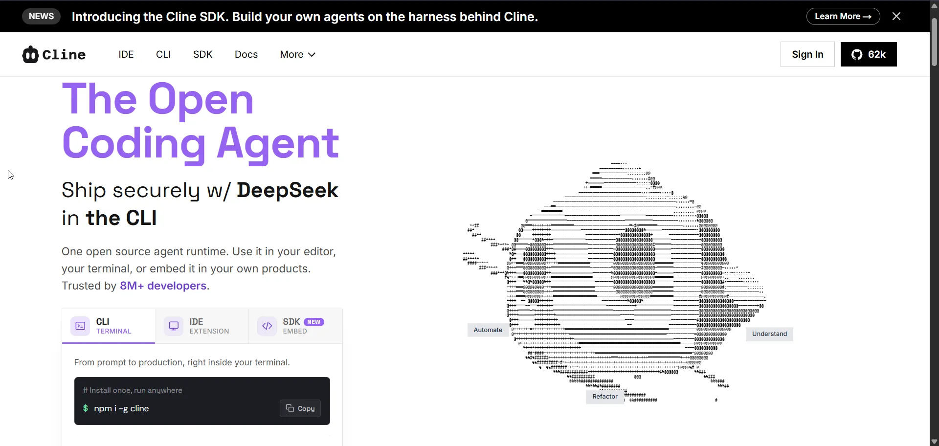 Tampilan website resmi Cline, open source coding agent dengan 62k GitHub stars