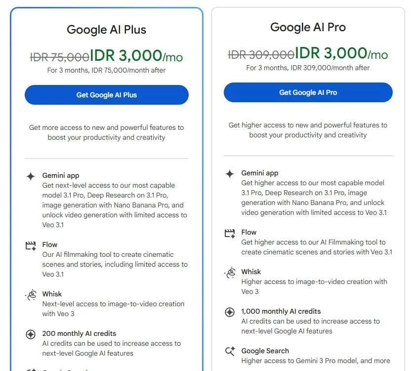 Screenshot penawaran Google AI Plus dan Gemini Advanced