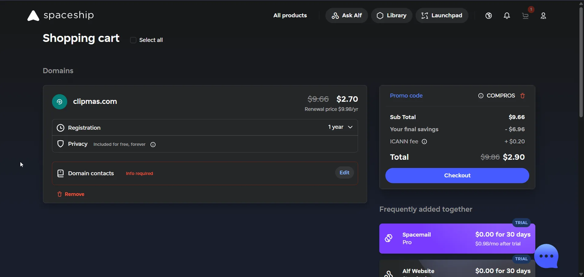 Tampilan payment di Spaceship untuk pembelian domain