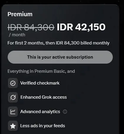 Tampilan harga X Premium dan potongan dari Grok AI Dashboard