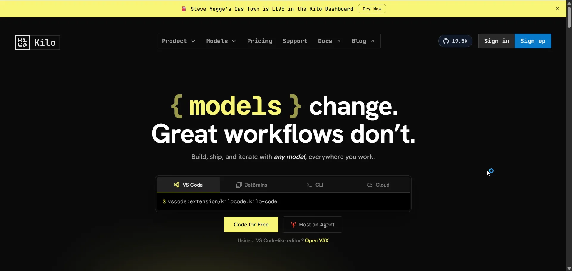 Tampilan website resmi Kilo Code dengan tagline models change great workflows dont