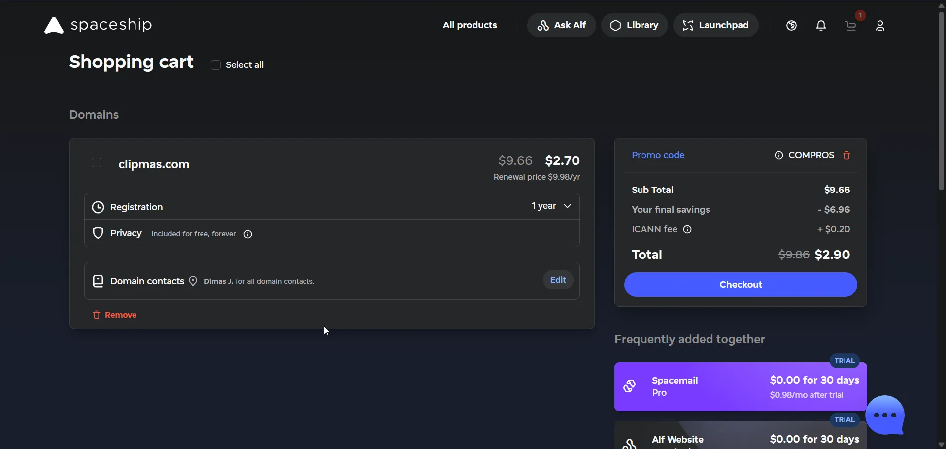 Tampilan shopping cart domain murah di Spaceship