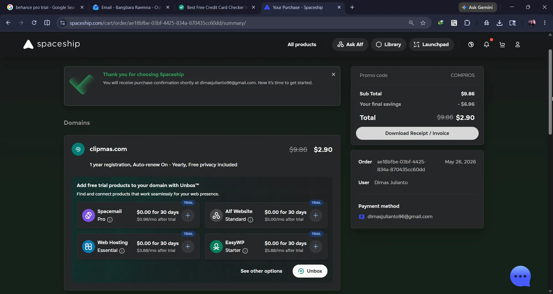 Tampilan checkout pembelian domain di Spaceship