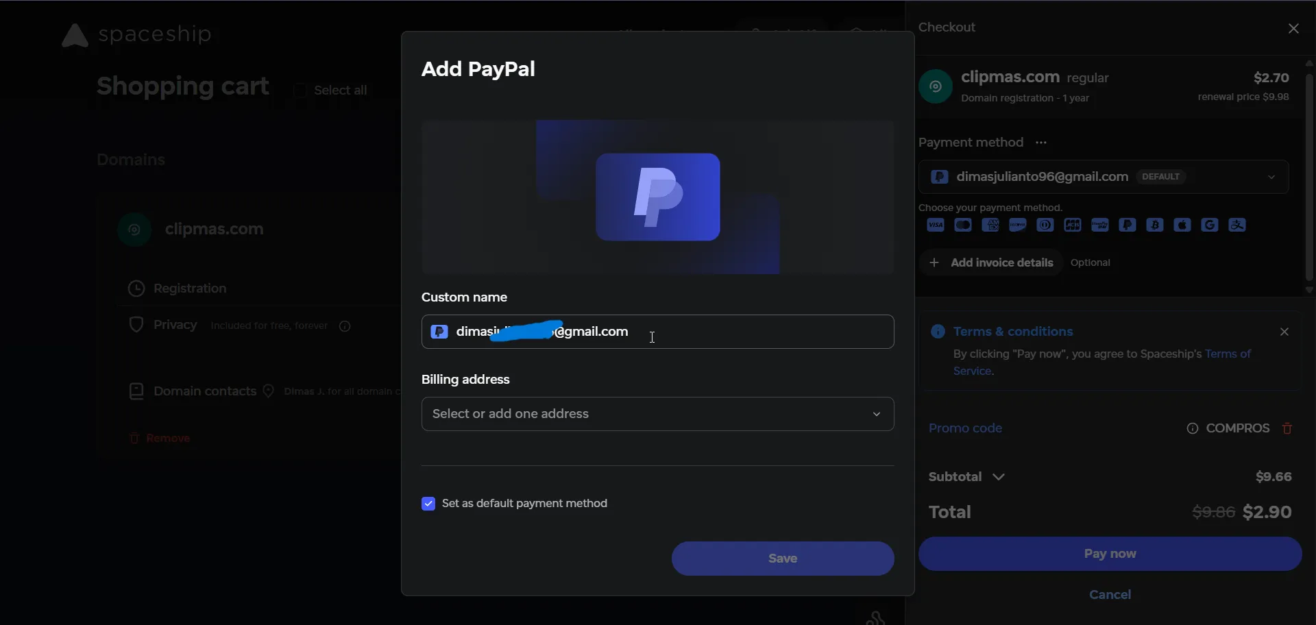 Tampilan add payment PayPal di Spaceship