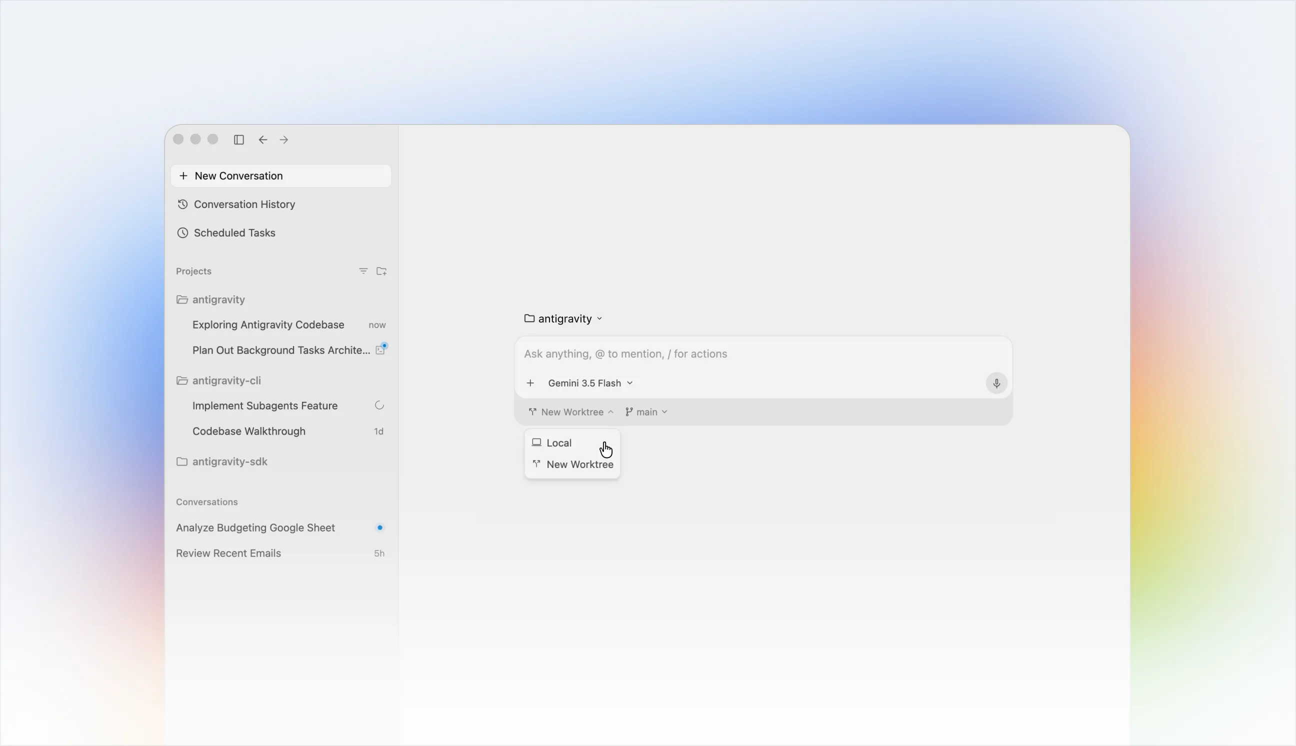 Tampilan UI Antigravity 2.0 dengan sidebar project dan multi-agent workspace