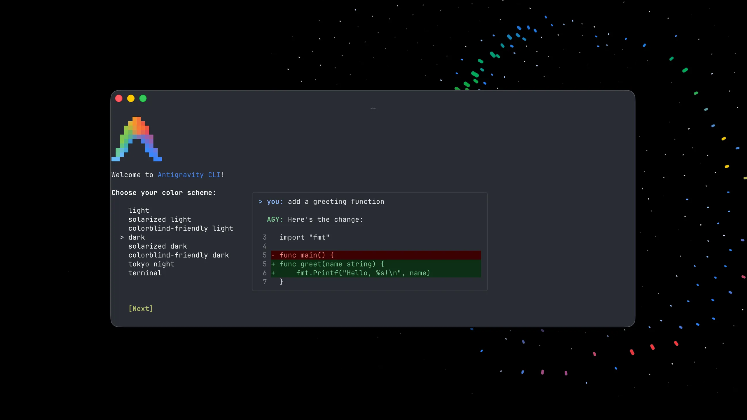 Tampilan Antigravity CLI di terminal dengan diff kode merah hijau dan color scheme selector