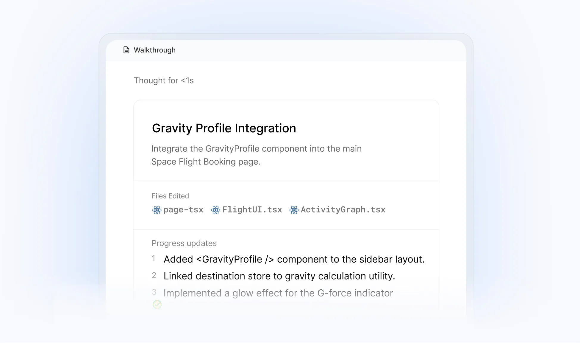 Tampilan Antigravity IDE dengan artifact task dan progress update files edited