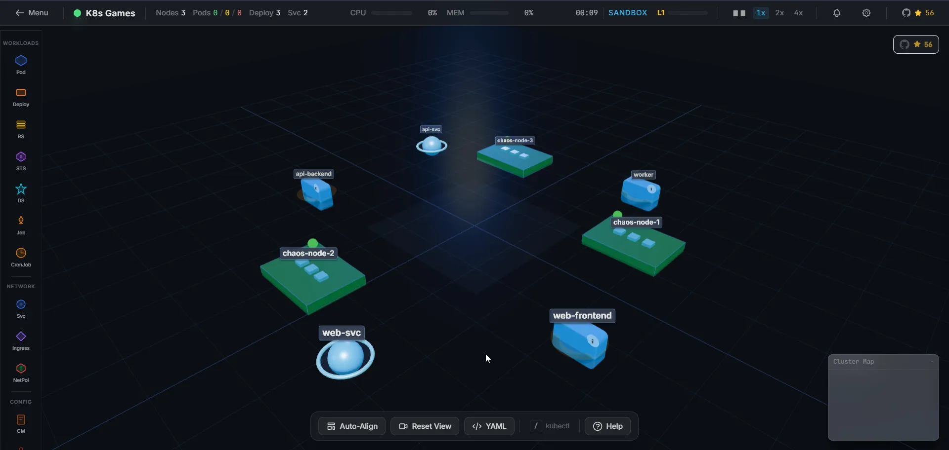 Tampilan Map Visual Kubernetes dari K8sGames